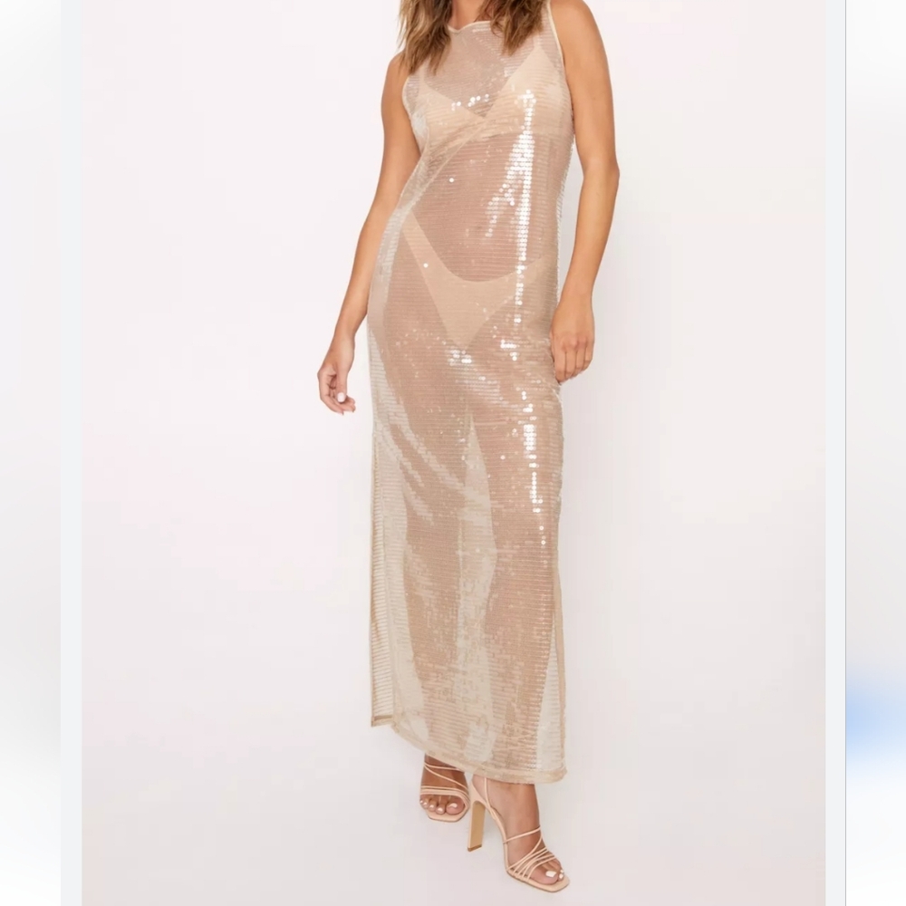Nasty Gal Sheer Sequin Maxi Dress in Nude